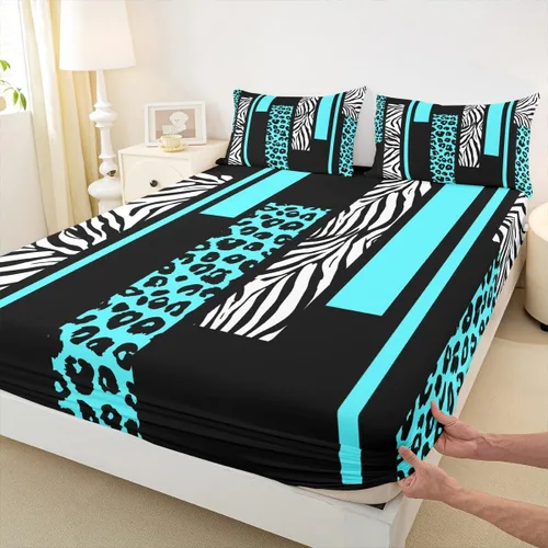 Miniatura 28 de Sábana bajera ajustable con estampado de leopardo, tamaño individual, juego de ropa de cama rústica con rayas de piel de cebra, decoración