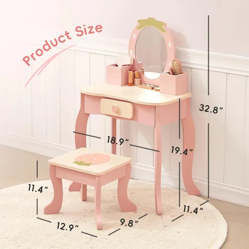 Miniatura 3 de OOOK Tocador para niños de 3 años, tocador de juguete para niños con accesorios de maquillaje, mesa de maquillaje para niños con cajón, color rosa