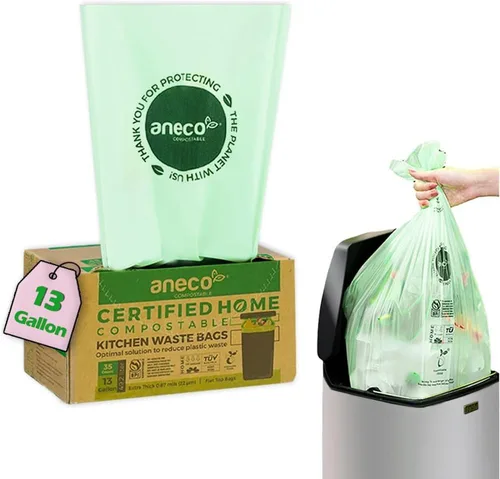 Miniatura 8 de (Incluye 10 bolsas adicionales) ANECO - Bolsas de basura 100% compostables de 2.6 galones, bolsas de compost pequeñas de cocina extra gruesas
