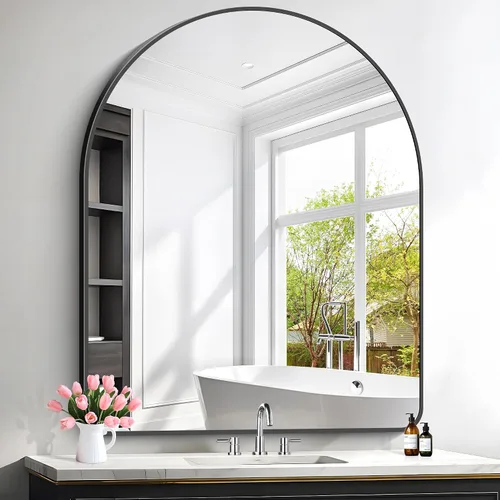 Miniatura 24 de FORBATH Espejo de baño arqueado de 16 x 24 pulgadas, espejo de baño negro montado en la pared, moderno marco de aleación de aluminio, espejo de arco