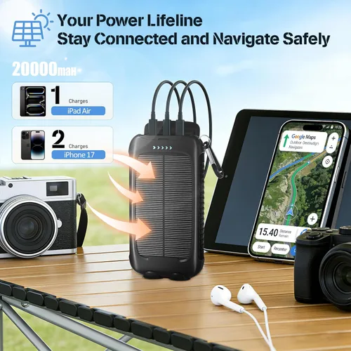 Miniatura 4 de Banco de energía solar de 20000 mAh, cargador portátil negro con salidas USB-C y USB-A, batería de reserva de emergencia, linterna LED, para iPhone