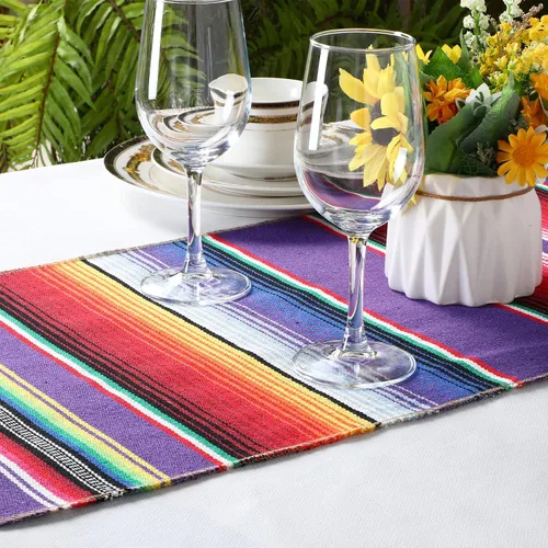 Miniatura 4 de Tegeme 12 Piezas Caminos de Mesa Mexicanos 14 x 84 Pulgadas Camino de Mesa Mexicano Serape Manta Decorativa con Flecos de Algodón Decoración