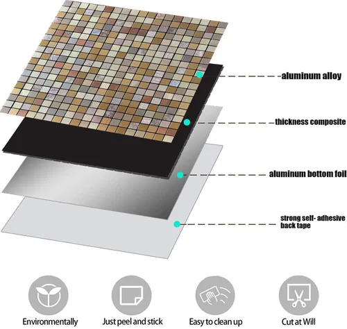 Miniatura 6 de 10 hojas de azulejos de salpicaduras para despegar y pegar, paneles de pared autoadhesivos de aluminio 3D, calcomanías de mosaico metálico