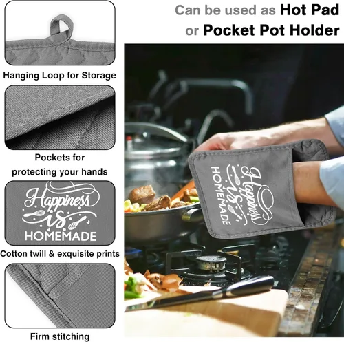 Miniatura 4 de Juego de 6 piezas de manoplas de horno y agarraderas para ollas La felicidad es cocinar en casa Almohadillas resistentes al calor Lavables a máquina