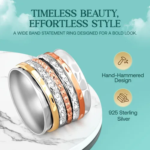 Miniatura 5 de Boho-Magic Anillo giratorio de plata de ley 925 para mujer con bandas de cobre y latón, anillo de plata hecho a mano para uso diario, comodidad