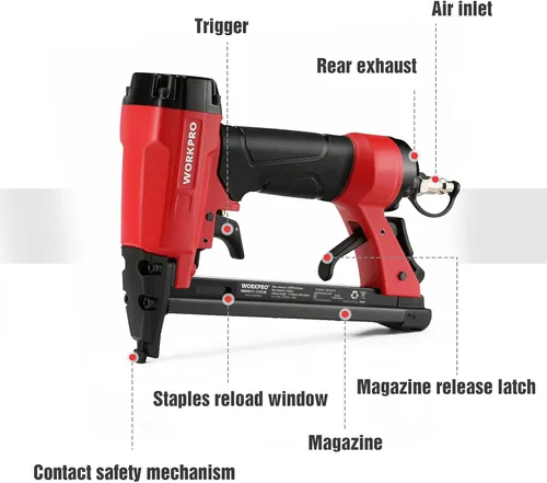 Miniatura 2 de WORKPRO Pistola de grapas neumática de calibre 20, grapadora de tapicería T50 con 1260 grapas de 1/4 a 5/8 pulgadas, escape trasero