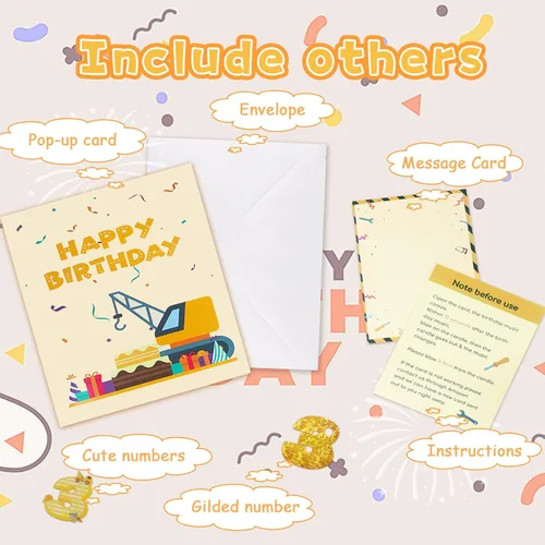 Miniatura 4 de Tarjeta de felicitación emergente 3D de 3er cumpleaños con luz y música, tarjeta de camión grúa para niño, sobrino, nieto, hijo, niño pequeño