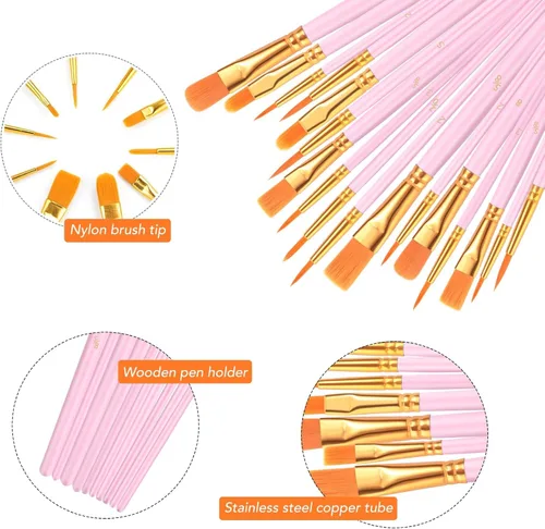 Miniatura 3 de Juego de pinceles de pintura acrílica, (20 paquetes/200 unidades), cepillos de pelo de nailon para óleo y acuarela, juego perfecto de pintura Rosa