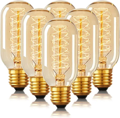 Bombillas Edison incandescentes T45 retro de 40 W, 6 paquetes, 110-130 V, base E26 regulable, bombilla Edison 6 paquetes, 2200 K ámbar amarillo