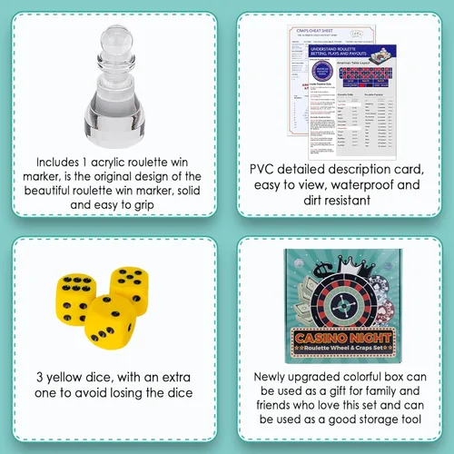 Miniatura 5 de Extguds Juego de Ruleta y Craps con Fieltro Grande de Doble Cara, Rueda de Ruleta de 10 Pulgadas, Rastrillo para Fichas, 200 Fichas, Marcador