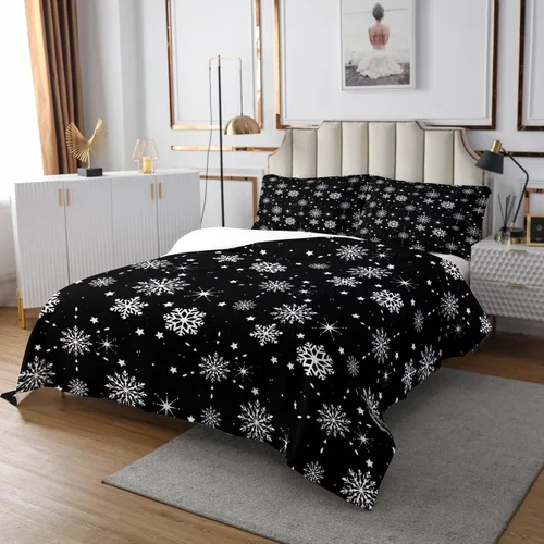 Miniatura 3 de Erosebridal Juego de edredón de Navidad con copos de nieve para niños y niñas, color blanco y negro, tamaño individual, juego de colcha de estrellas