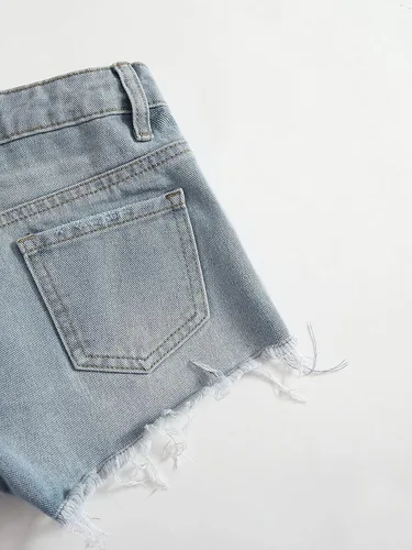 Miniatura 4 de WDIRARA Pantalones cortos de mezclilla de cintura alta con dobladillo rasgado y botones para niña