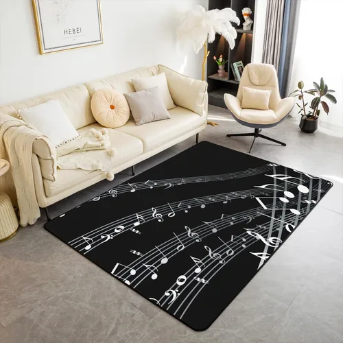 jejeloiu Alfombra decorativa de notas musicales, color negro y blanco, alfombra decorativa extra suave para sala de estar, dormitorio, habitación,