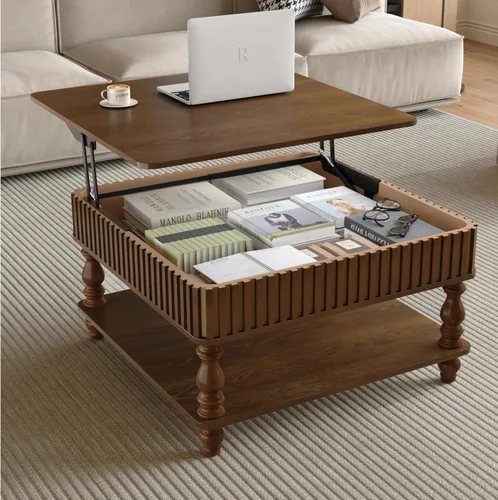 Miniatura 42 de 31.52" Square Lift Top Coffee Table with Storage, Natural Rattan & Hemp Rope, Adjustable Function, Vintage Farmhouse Center Table for Living Room