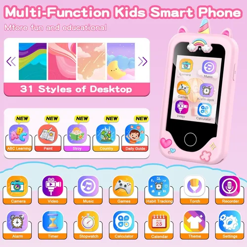 Miniatura 2 de WEOLULI Teléfono inteligente para niños con doble cámara, reproductor de juegos y música, teléfono celular de juguete de aprendizaje para niños