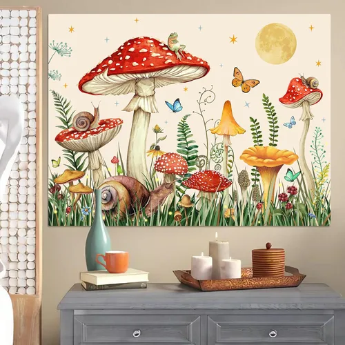 Miniatura 6 de Zussun Tapiz de hongo rojo, tapices de luna y estrella para dormitorio, estética de color beige, noche estrellada, planta verde, tapiz de pared