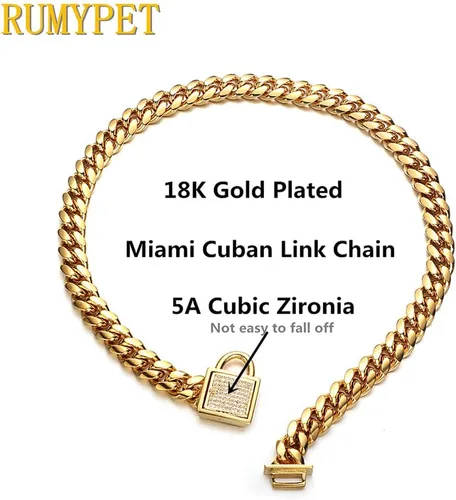Miniatura 4 de Collar plateado para perro, collar de cadena de eslabones cubanos con hebilla de circonita, etiqueta de identificación y campana, a prueba