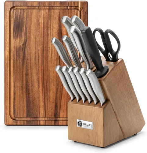 Juego de cuchillos de cocina de madera para cocina con bloque de cuchillos de acero inoxidable, 16 piezas y tabla de cortar con ranura, cuchillos de