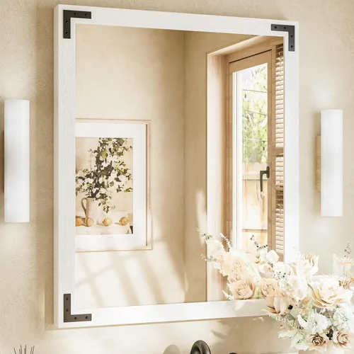 Miniatura 29 de TETOTE Espejo de madera natural de 48 x 24 pulgadas para pared de baño/dormitorio/sala de estar/entrada, espejo rústico de tocador de baño