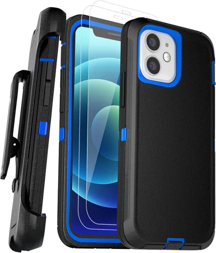 Funda para iPhone 12 Mini con funda de clip para cinturón y 2 protectores de pantalla, funda de protección completa resistente de grado militar a