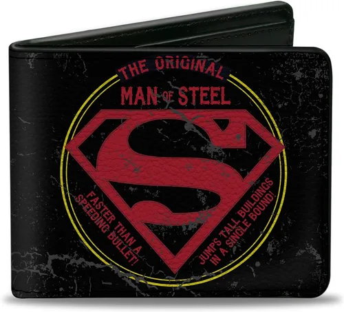 Buckle-Down Billetera de DC Comics para hombre, plegable, Superman The Original Man of Steel Badge negro, rojo, amarillo, cuero vegano, 4.0 x 3.5