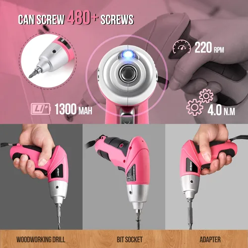 Miniatura 4 de Hi-Spec Destornillador eléctrico 27pc 3.6V rosa USB pequeño juego de destornilladores eléctricos. Inalámbrico y recargable con juego de puntas