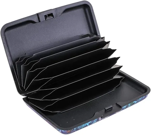 Miniatura 155 de ELFISH Mini cartera de aluminio RFID para tarjetas de crédito, funda de identificación de metal para hombres y mujeres, Happy Flower, Cartera Rfid
