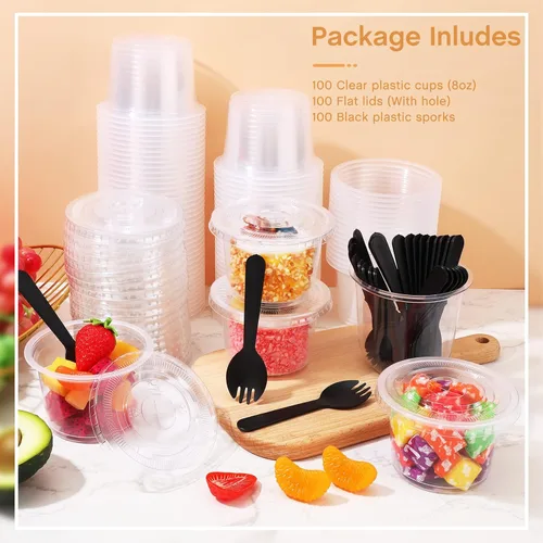 Miniatura 5 de Suclain 100 juegos de tazas transparentes de postre de 8 onzas con tapas y tenedores, vasos desechables de plástico para parfait yogur con tapas