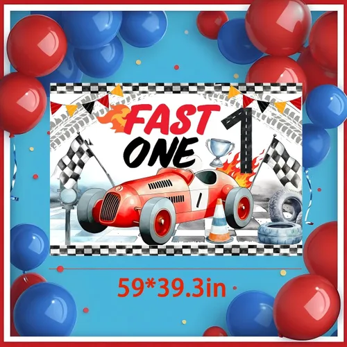 Miniatura 4 de Telón de fondo rápido de un cumpleaños, decoración de primer cumpleaños de coche de carreras, suministros de pancarta de fiesta de primer