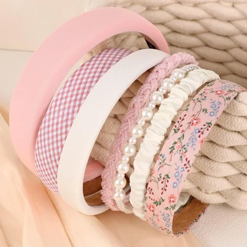 Miniatura 3 de Diadema ancha acolchada floral de perlas para mujer, accesorios para el cabello vintage, rosa