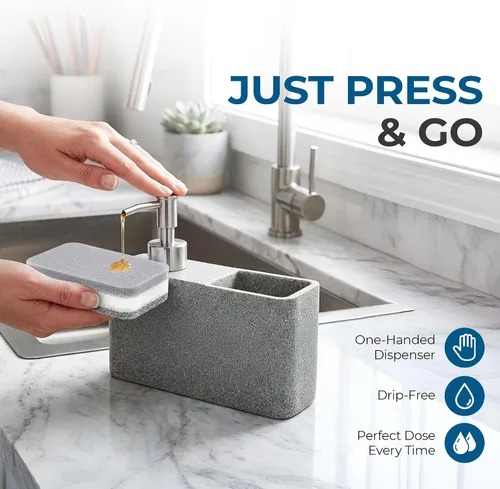 Miniatura 3 de Havara - Dispensador de jabón para platos de resina de granito con soporte para esponja, gris piedra Kitchen Soap Dispenser & Sink Organizer for