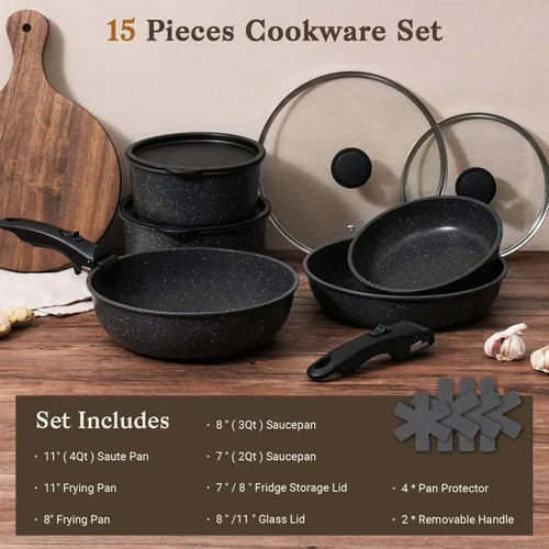 Miniatura 2 de SODAY Juego de 15 piezas de ollas y sartenes antiadherentes, juegos de utensilios de cocina con mango desmontable, herramientas de cocina