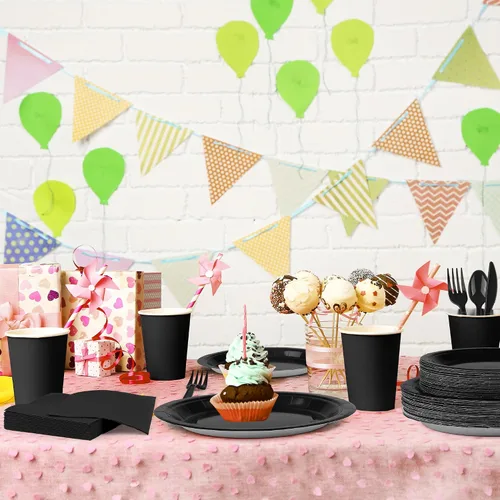Miniatura 6 de Durony 350 piezas juego de vajilla de papel negro para cenas, platos desechables de 7 y 9 pulgadas, sirve para 50 invitados, juego de vajilla