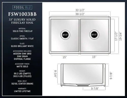 Miniatura 6 de FSW1003BB - Fregadero de lujo de 33 pulgadas en color blanco, oro mate, frente plano