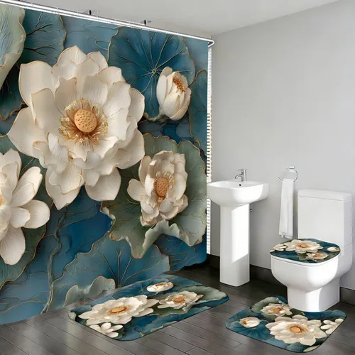 Miniatura 10 de DDQQ Juego de cortinas de ducha florales azules y blancas con flores dulces pintadas con alfombras, juego de cortina de ducha de baño de primavera