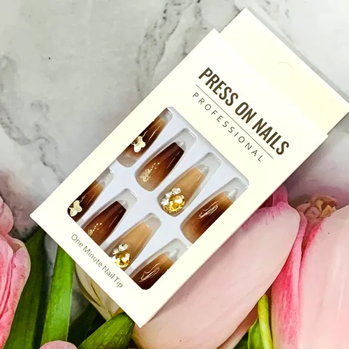 Miniatura 6 de Uñas postizas a presión con diseños de longitud media, forma de ataúd, cobertura completa, reutilizables, con pegamento, uñas adhesivas