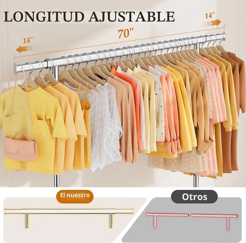 Miniatura 4 de Gewudraw Perchero resistente para ropa con capacidad de carga de 240 kg, estante de ropa de metal con ruedas y estantes resistentes, perchero Plata