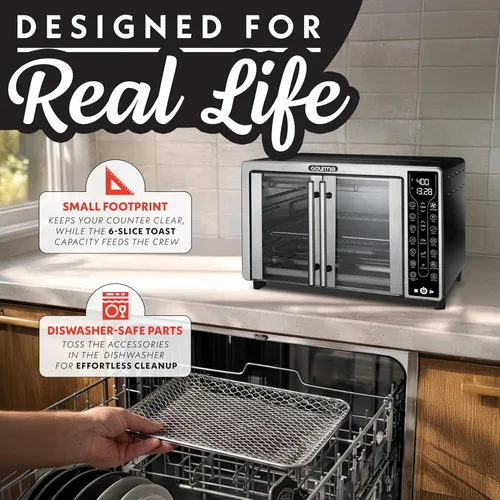 Miniatura 7 de Gourmia Freidora de aire para puerta francesa: horno de convección de gran capacidad de 25 cuartos de galón, fryfroce 360°, pantalla digital con 17