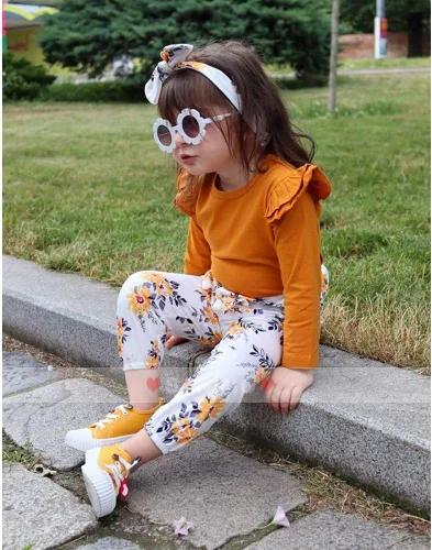 Miniatura 4 de SANMIO Conjunto de ropa para niña pequeña, camisa de manga con volantes, pantalón floral con diadema, 3 piezas, conjunto de ropa para bebé niña 1-5T