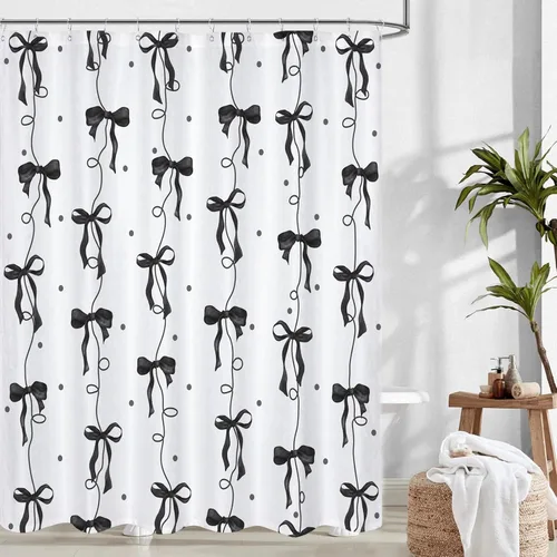 Cortina de ducha con lazo negro, bonita cortina de ducha coqueta estética para adolescentes y niñas, decoración de tela impermeable con 12 ganchos,