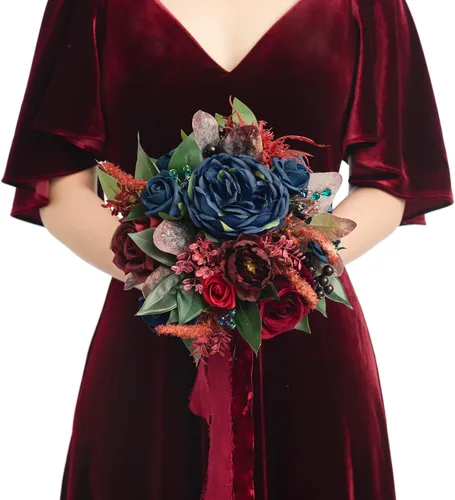 Miniatura 26 de Ling's moment Ramos de flores artificiales de rosas y azules polvorientas para damas de honor, ramo floral azul marino, ramos de dama de honor