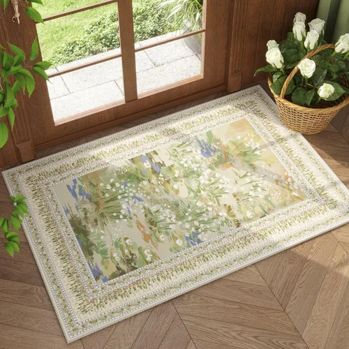 Rugcomf - Tapete de 2 x 3 pies, impresionista vintage, para interiores, lavable a máquina, antideslizante, de pelo corto, para entrada, cocina, Beige