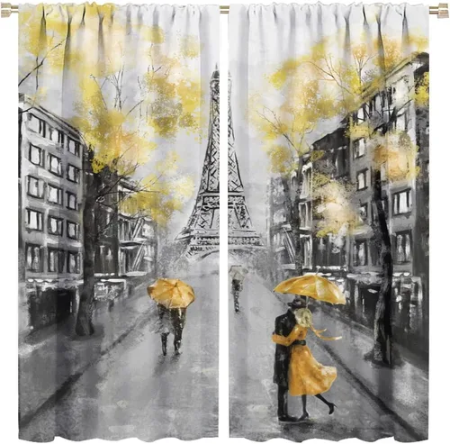 Cortinas opacas de París, estilo vintage, de Francia, con diseño de la Torre Eiffel, pareja, árbol amarillo, impreso, para dormitorio, sala de