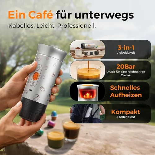 Miniatura 2 de Máquina de café espresso portátil, cafetera de viaje 3 en 1 con autocalentamiento, funciona con pilas, 20 bares, máquina de café espresso portátil