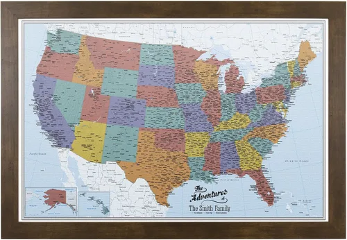 Miniatura 55 de Push Pin Travel Maps Lienzo personalizado Blue Oceans USA con marco gris de madera de granero