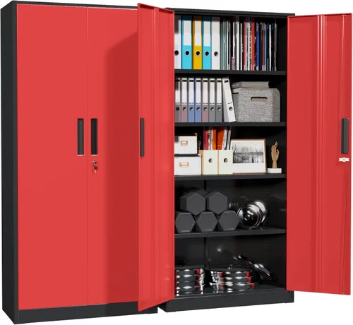 Miniatura 11 de Pataku Armario de almacenamiento de metal con cerradura, gabinete de garaje negro de 71 pulgadas de alto con 2 puertas y 4 estantes ajustables