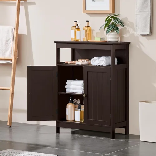 Miniatura 2 de Topeakmart Armario de madera con puertas duraderas y estantes ajustables, armario interior de madera independiente para baño/sala de estar/pasillo