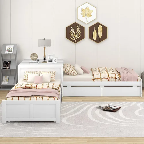 Miniatura 3 de Moderna cama de plataforma en forma de L con nido y cajones, cama de plataforma de madera de tamaño individual con mesa cuadrada abatible White#w