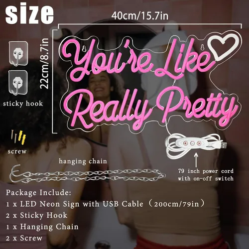 Miniatura 3 de Letrero de neón con texto en inglés "You're Like Really Pretty" para decoración de pared, luz LED de neón en forma de corazón, letreros de neón rosa