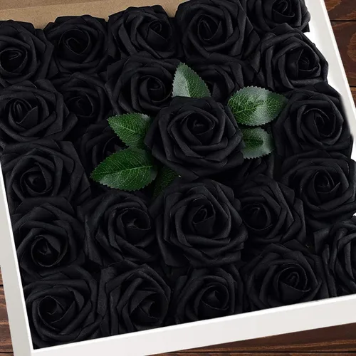 Miniatura 23 de Higfra Flores artificiales, 25 rosas falsas de espuma de aspecto real con tallos para ramos de boda, centros de mesa de despedida de soltera, Brillo